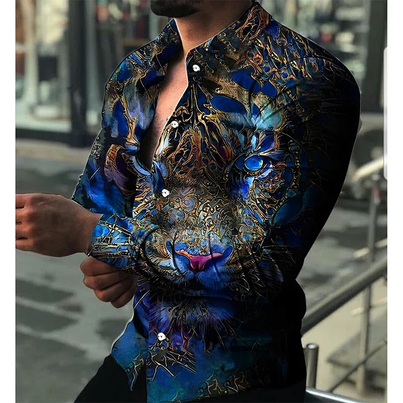 2023 Fashion Luxury Men\'s Shirt Lapel Button Down Shirt Long Sleeve Tops Animal Head Print Large Size Cool Street Party Wear 3XL