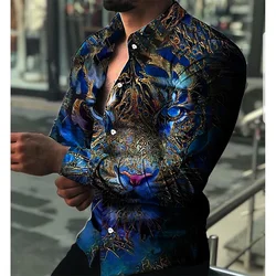 2023 Fashion Luxury Men's Shirt Lapel Button Down Shirt Long Sleeve Tops Animal Head Print Large Size Cool Street Party Wear 3XL