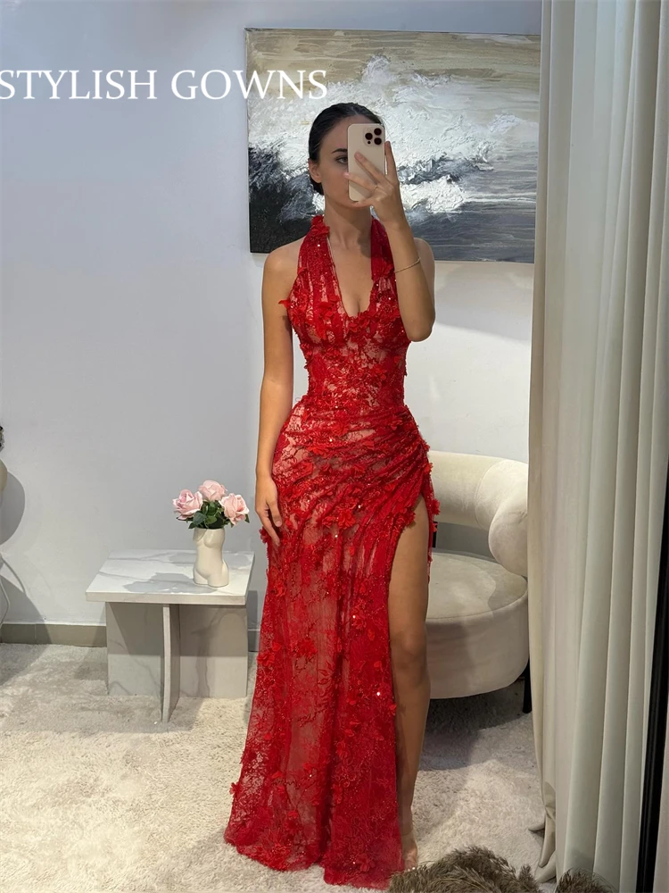 Sparky Pink Halter Sequin Prom Dresses Long Bead Crystal High Split Evening Dress Ruffles Mermaid Beauty Pageant Gown Customized