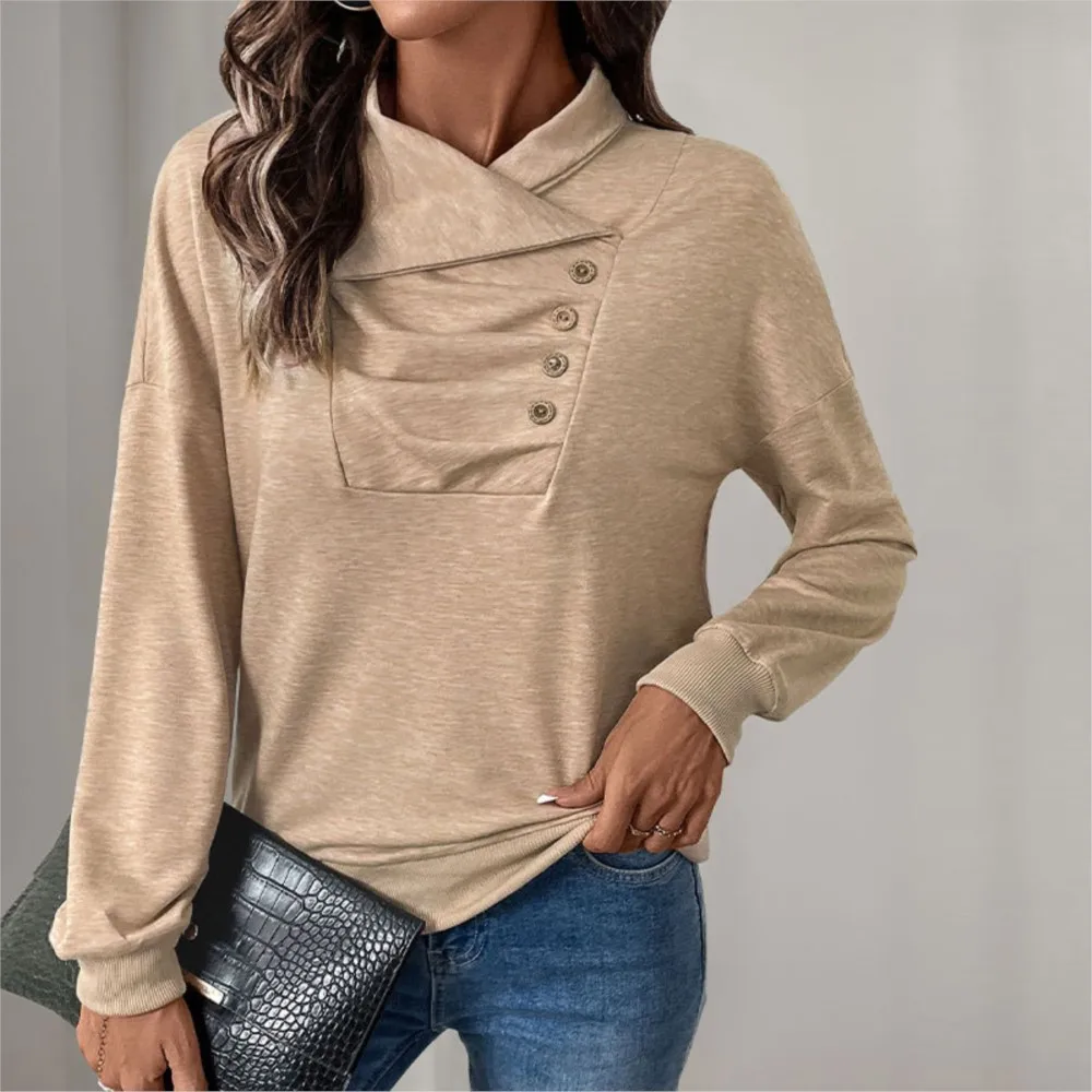 Loose Khaki Pullover Sweatshirt 2024 New Casual Hoodies Pleated Buttons Solid Color Stand Up Collar Sweatshirt For Women Tops