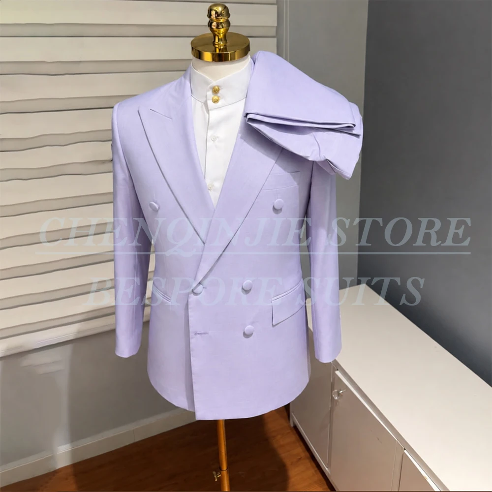 Solid Color Men's Suits For Travel Luxury Regular Fit Double Breasted Peak Lapel Blazer High Quality 2 Piece Jacket Pants Sets