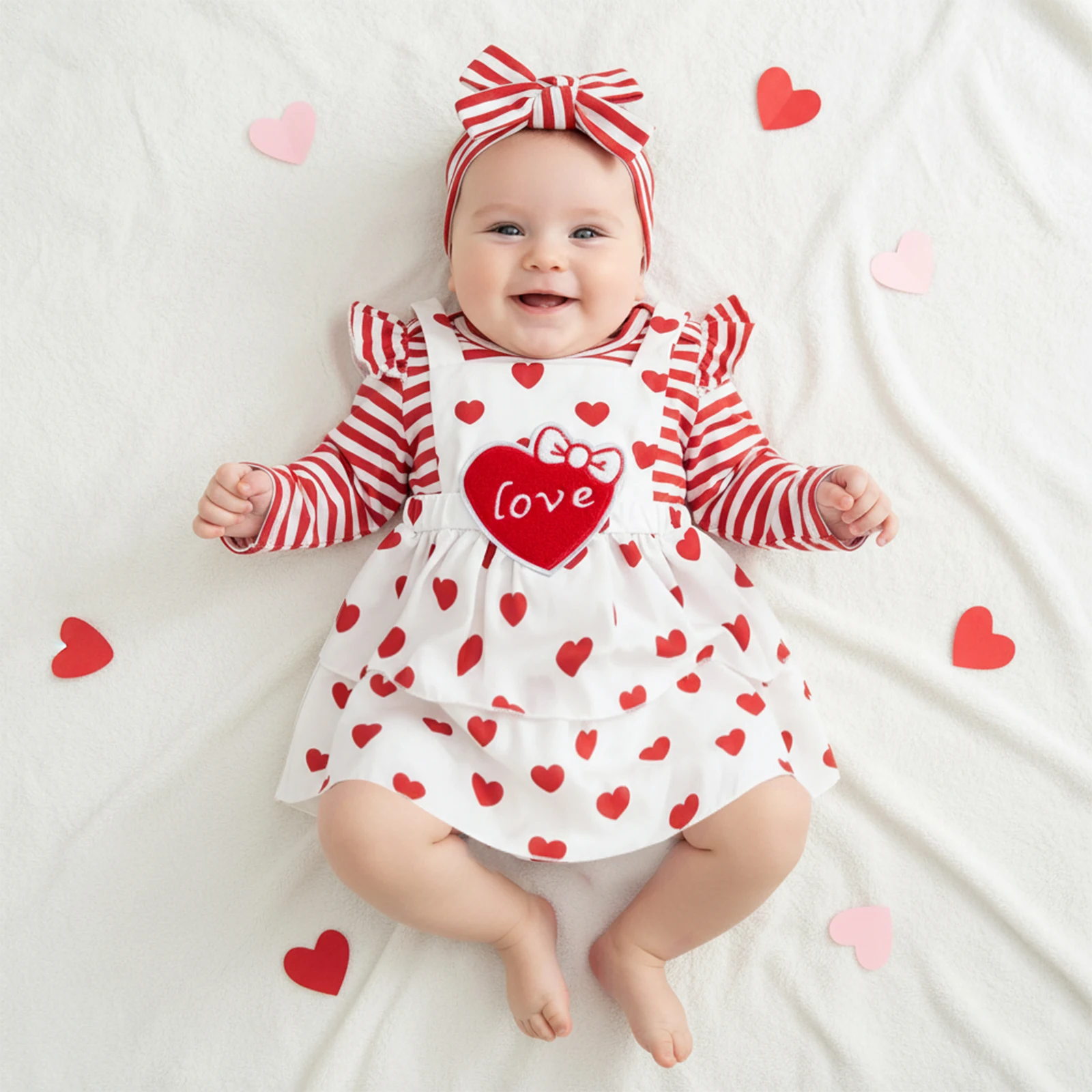 ملابس عيد الحب للفتيات الصغيرات بأكمام طويلة وطباعة مخططة + تنورة بحمالات + مجموعة عصابة رأس