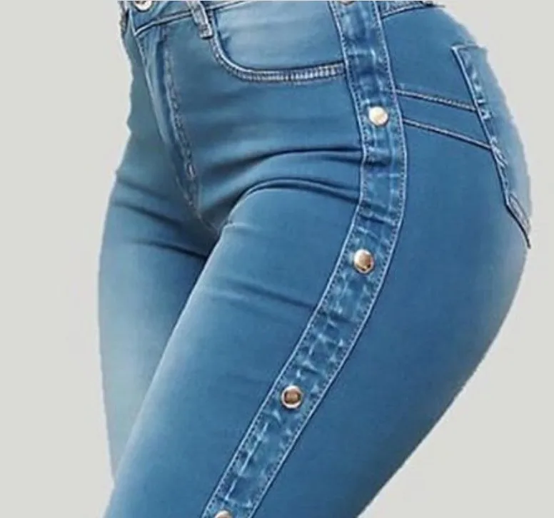 Europa e nos estados unidos moda jeans elásticos de cintura alta, primavera e outono feminino novo ajuste fino ligeiramente queimado calças