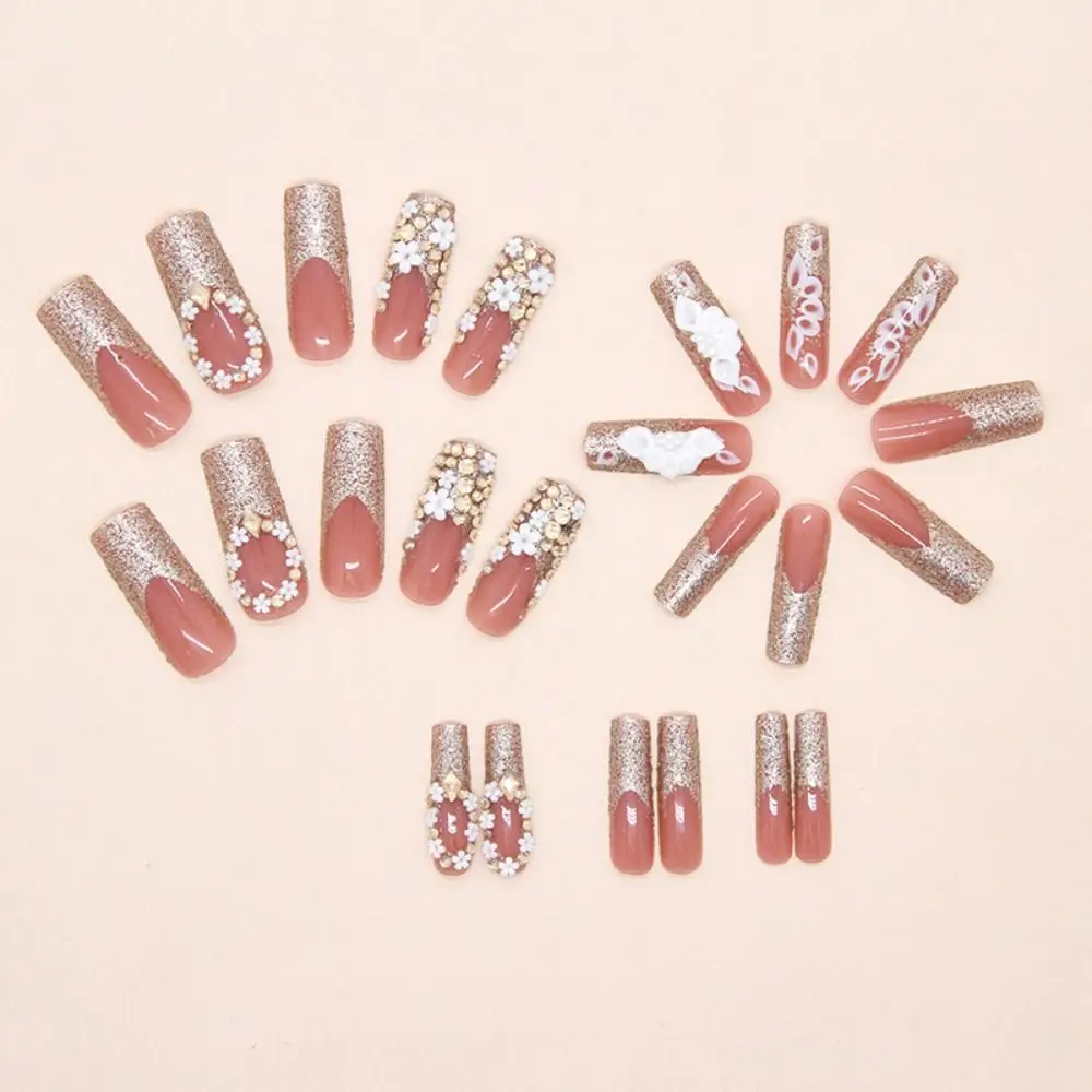 24 個ロング水道管付け爪フレンチスパークリングラインストーン付け爪フルカバーグリーンヒナギクネイルのヒント女性女の子