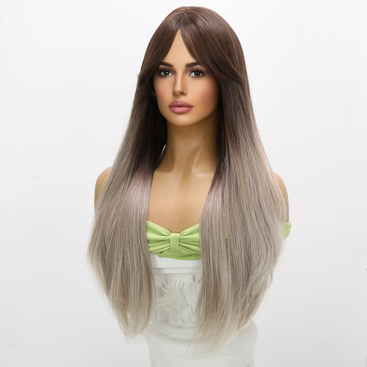 30 inch gray black gradient long straight hair with straight bangs for daily wear, synthetic fiber women's wig