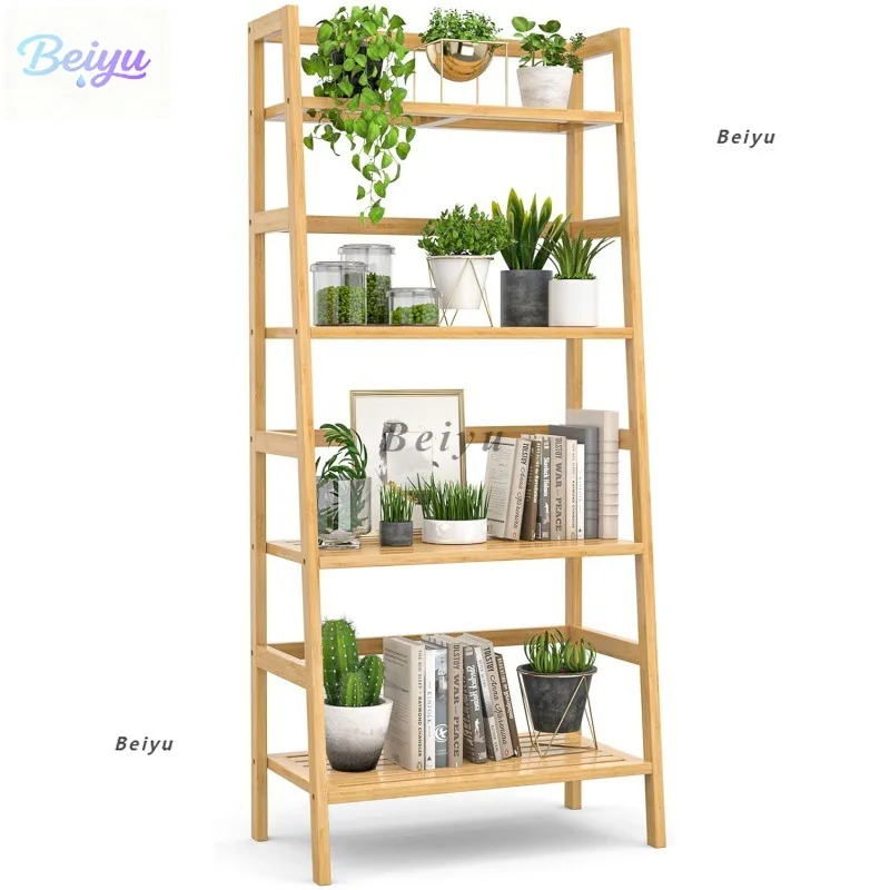 

Bamboo bookshelf 4-layer ladder shelf, free-standing open bookcase plant shelf, suitable for home office