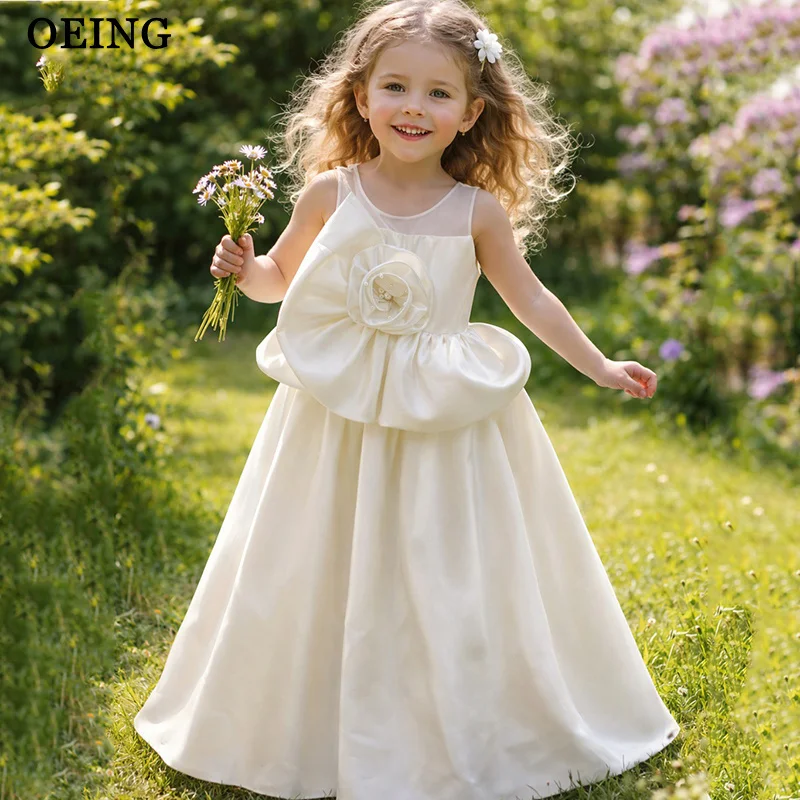 OEING Elegant A-Line Flower Girl Dresses Ivory Ruffle Draped Maxi Wedding Occasion Dresses Girl Ball Party Gown 2026 Customized