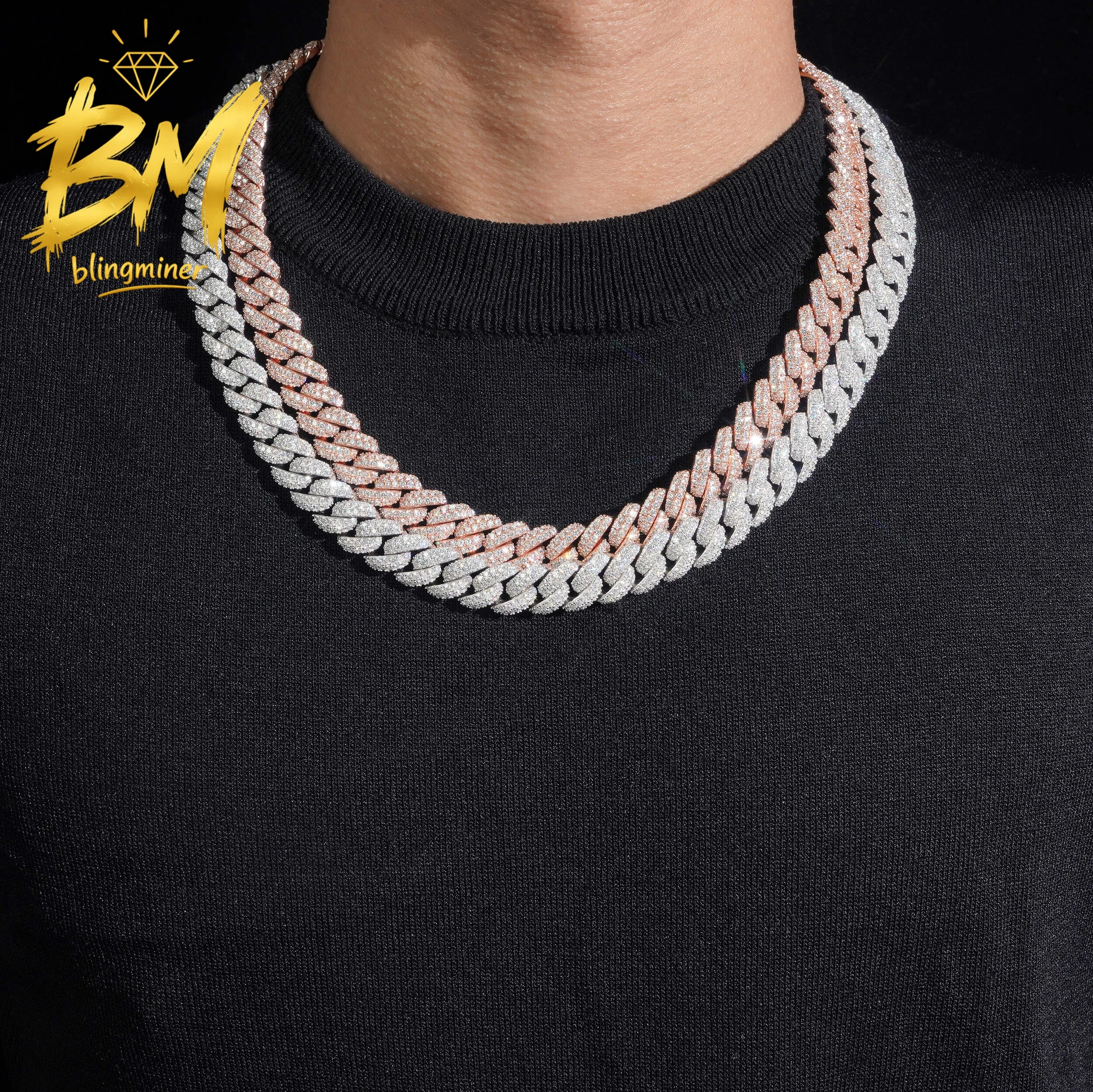 Blingminer 13mm Solid 925 Silver VVS Moissanite Cuban Link Chain Iced Out Necklaces For Men Jewelry Pass Diamonds Tester With Fr
