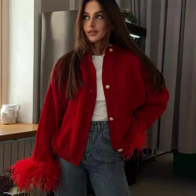 여성용 플리스 가디건 스웨터 무봉제 소매 오프닝 INS 스타일 유럽 및 미국 트렌드 크로스보더 무역 의류