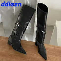 Fashion Pointed Toe Modern Women Knee High Boots Female Shoes Designer Buckle Footwear Ladies Long Boots With Square Heel Shoes