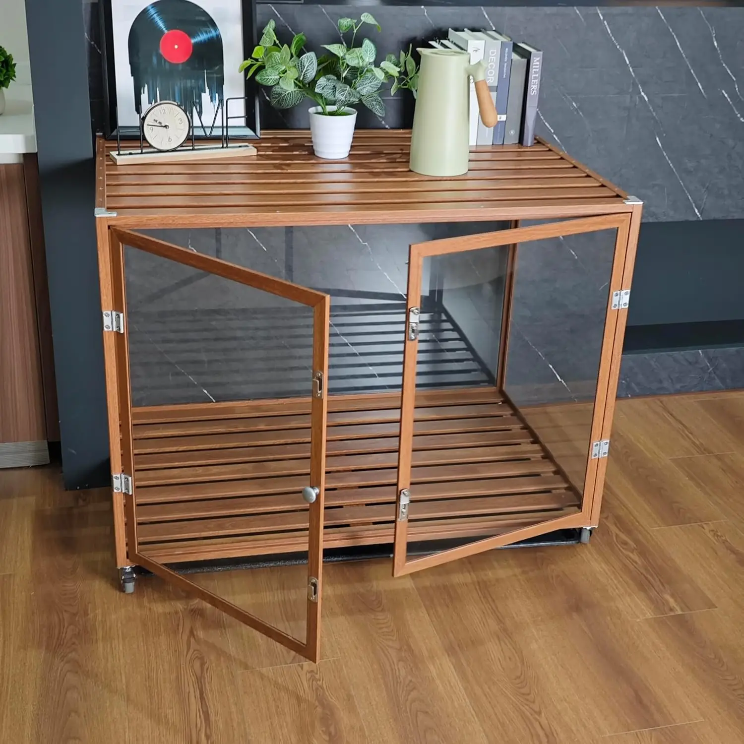 

Clear Dog Crate Furniture: 35” Decorative Transparent Dog House Kennel Made by Tempered Glass and Strong Aluminum