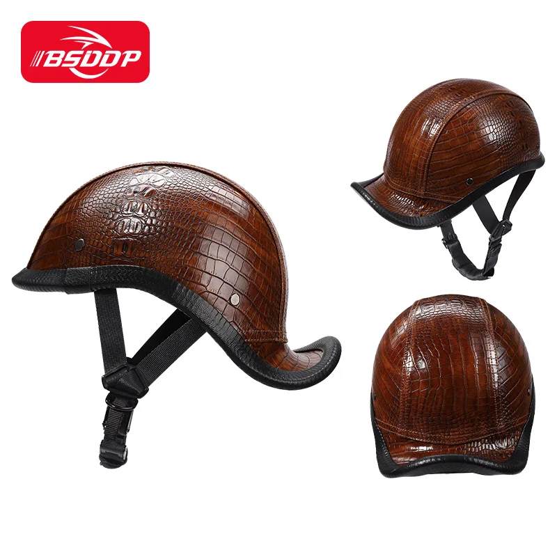 Vintage Gourd Helmet Leather Motorcycle Summer for Harley Helmet Men and Women Light Electric Scooter Curved Brimmed Half Helmet