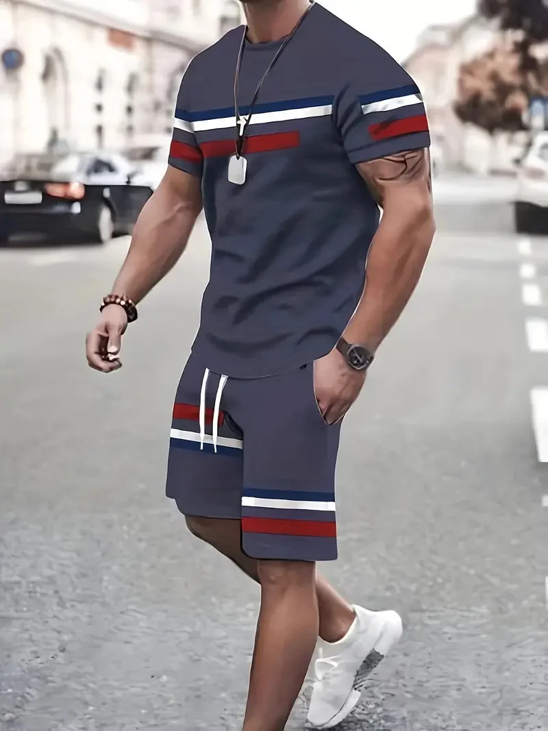 ME2Summer men's minimalist line new 2024 short sleeved T-shirt shorts beach setMA1