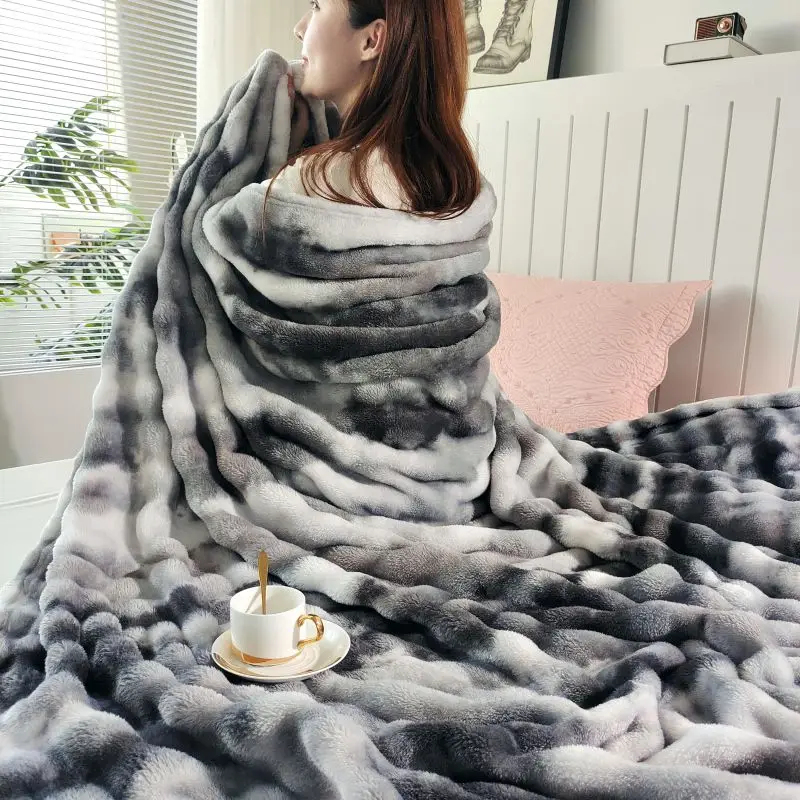 Soft Luxury Fluffy Faux Rabbit Fur Throw Blanket, Thick Warm Bubble Throw for Bed, Cozy Plush Reversible Gray Tie-dye Blankets