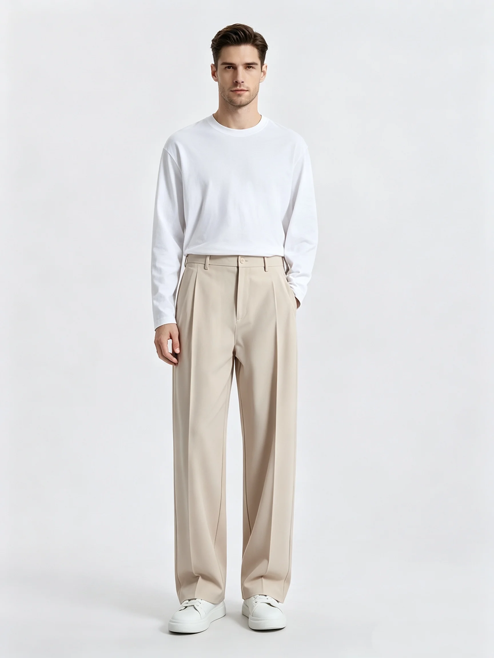 Men Pleated Wide Leg Suit Pants High Waist Straight Loose Fit Wrinkle Resistant Business Casual Long Trousers