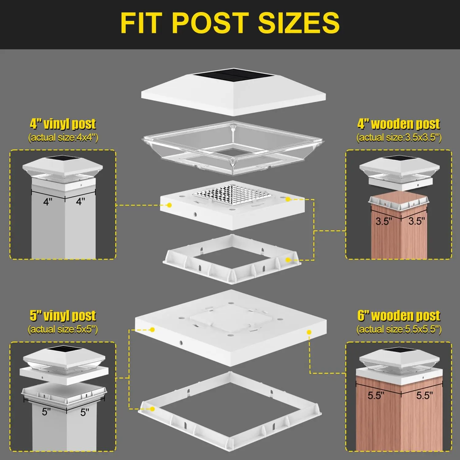 Solar Post Cap Lights Outdoor Garden Waterproof Solar Post Lights Fence Post Light for 4x4 5x5 Vinyl/Wooden Posts Porch Patio