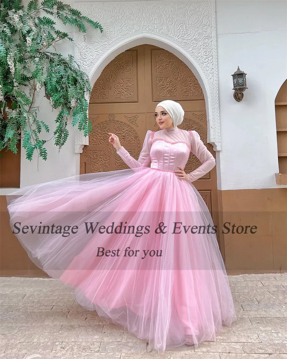 Sevintage Elegant Pink Arabia Prom Dress A-Line Tulle Ruched Floor Length Formal Evening Dresses Dubai Women Party Gown 2024