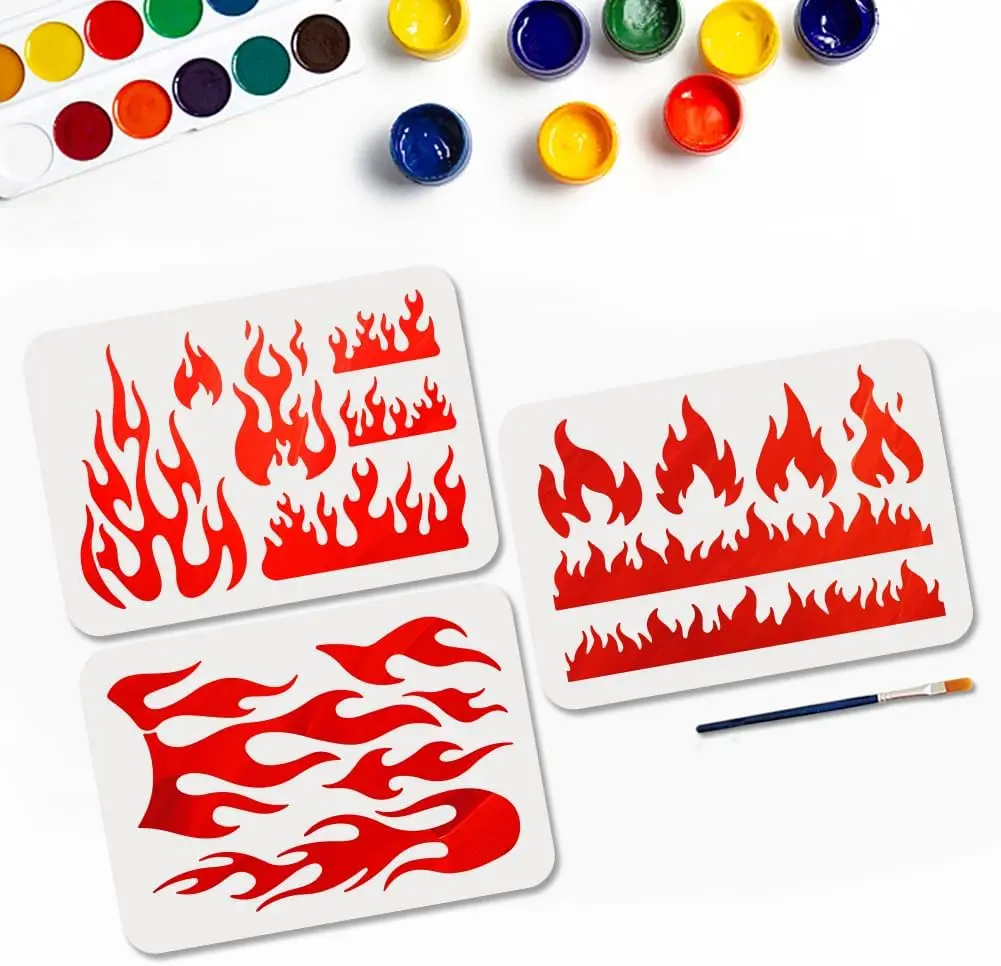 3Pcs Flame Stencil Set with Paint Brush for Crafting
