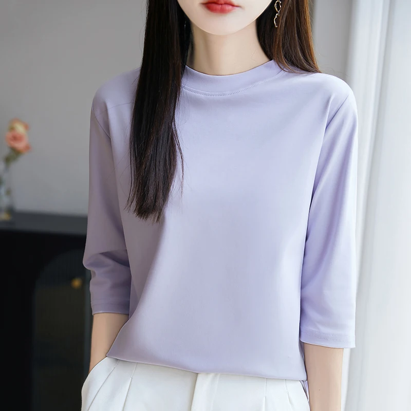 

Spring And Summer New Semi-High Neck Mercerized Cotton Cropped Sleeve T-shirt Female Plus Size 100% Cotton Bottoming Coat