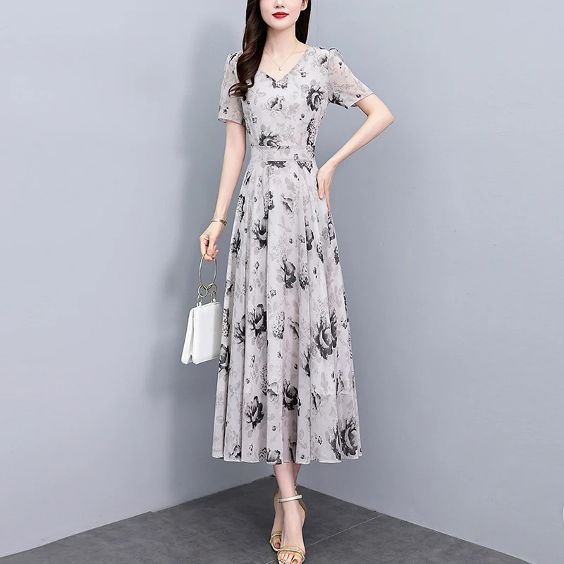 2025 Floral Chiffon Casual Boho Dress for Women Elegant Bodycon Vintage Midi Dresses Summer Chic Prom Party Night Long Vestidoss