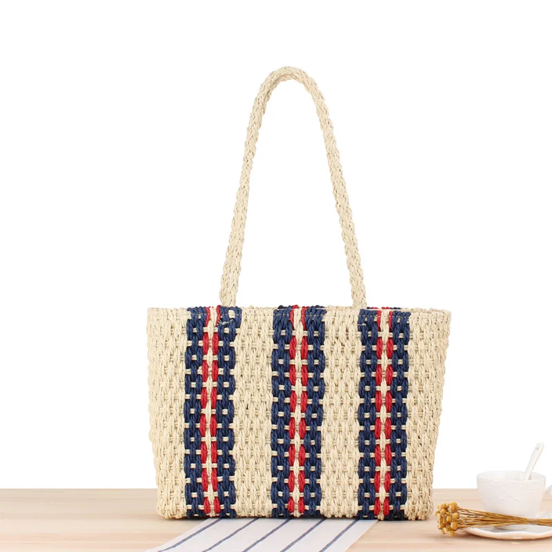 Striped Women's Tote Bag Handmade Handbag Designer Summer Knitted Bohemian Straw Beach Bags Female High Capacity Shoulder Bag