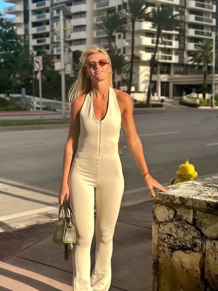 HXAO Jumpsuit ผู้หญิงแขนกุด Halter บอดี้สูทผู้หญิง Combi-กางเกงสีขาวสีดํา Jumpsuits ฤดูร้อนหญิง Backless Romper