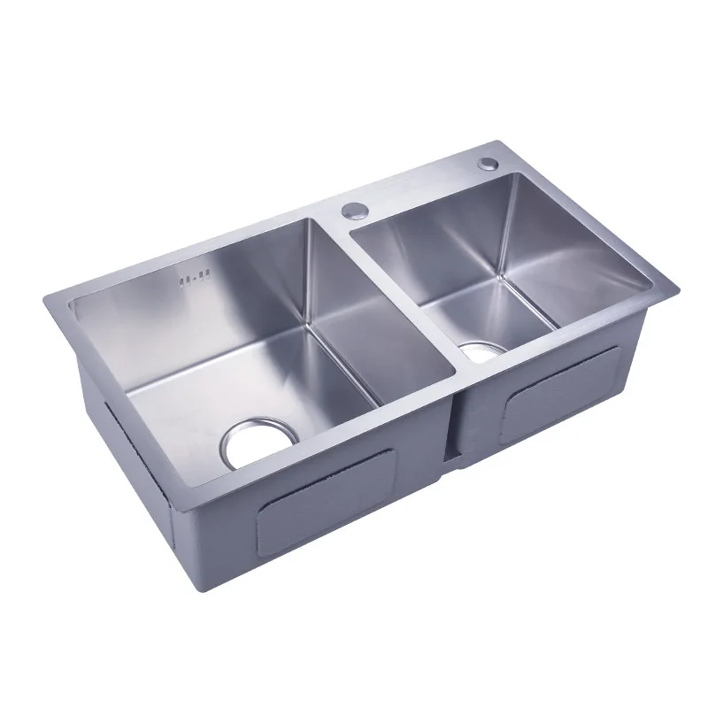 حوض مزدوج مصنوع يدويًا من الجانب السميك 304 حوض خضروات من الفولاذ المقاوم للصدأ حوض مزدوج للمطبخ تحت الطاولة