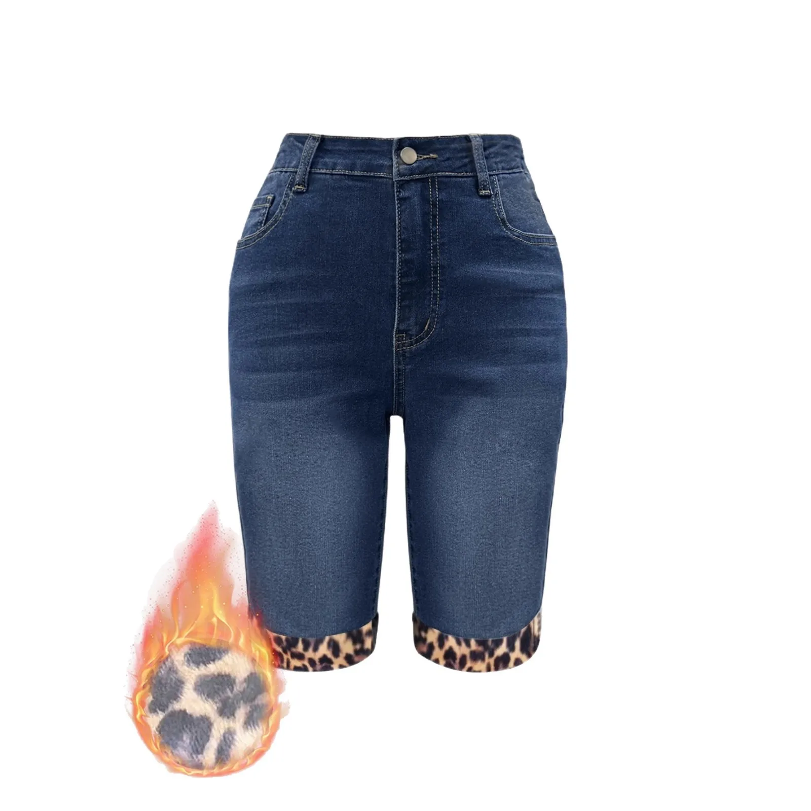 กางเกงยีนส์ทรงตรงห้าส่วนเอวต่ำลายเสือดาวแบบใหม่ ช่วยยกสะโพก