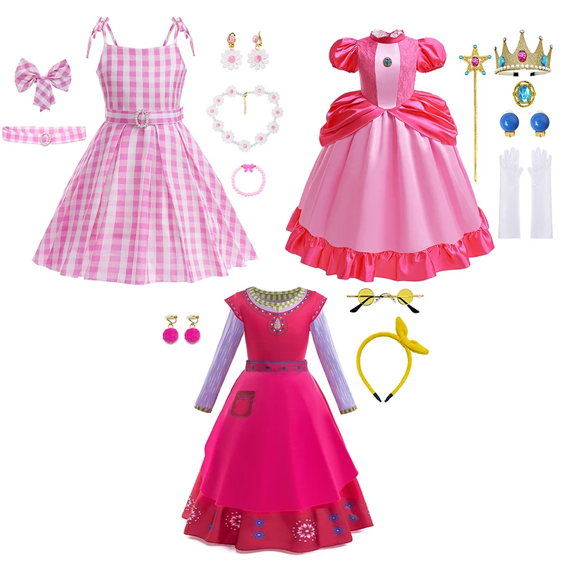 Pink Princess Costume Sleeveless Ball Gown Moive Barbie Role Cosplay Dress With Belt Plaid Skirt Halloween Costume Girls Dress