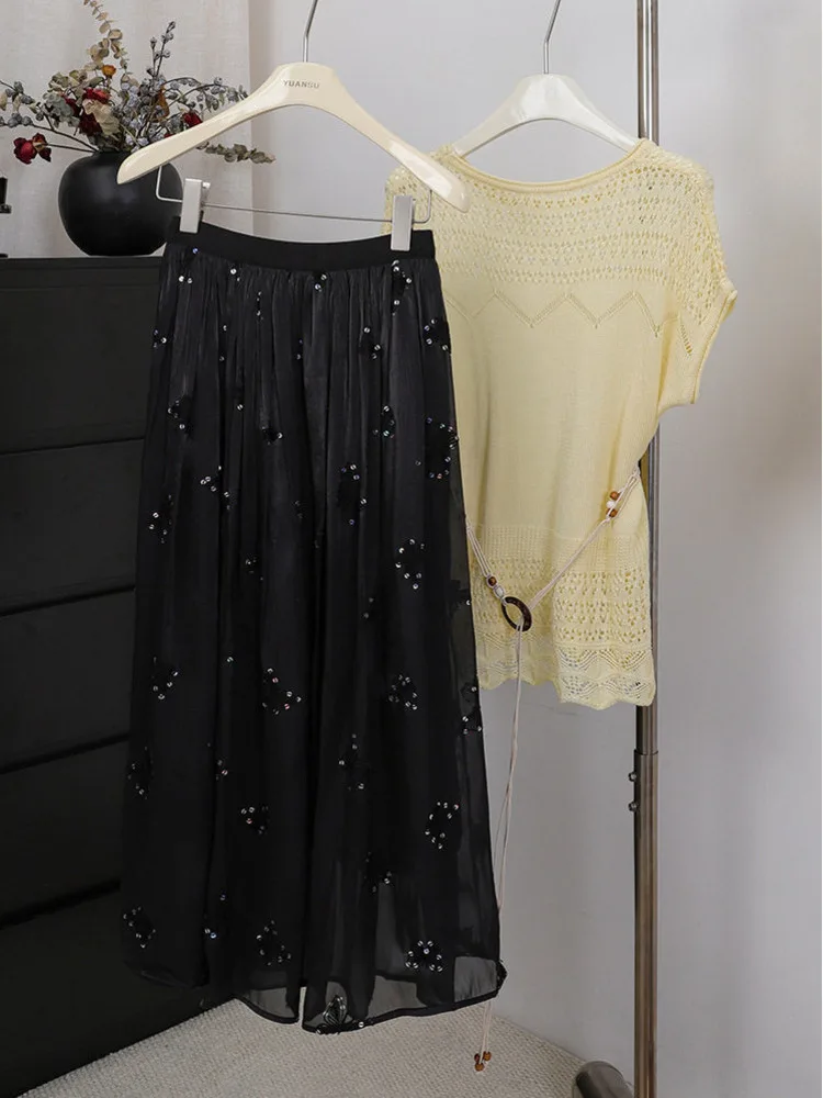 New Sequin Butterfly Embroidery Skirt For Women 2026 Spring Summer A-line High Waist Fashion Pleated Tulle Skirt