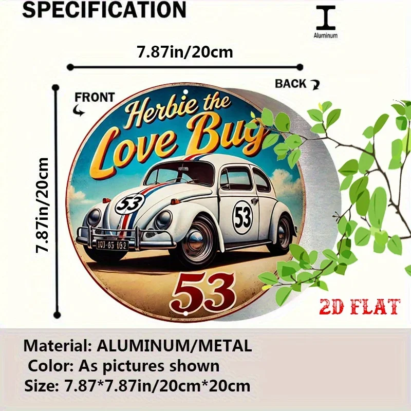 2D Flat, 1pc Herbie the Love Bug Round Aluminum Metal Tin Sign - Vintage Racing Car Design, Number 53, White with Red & Blue Str