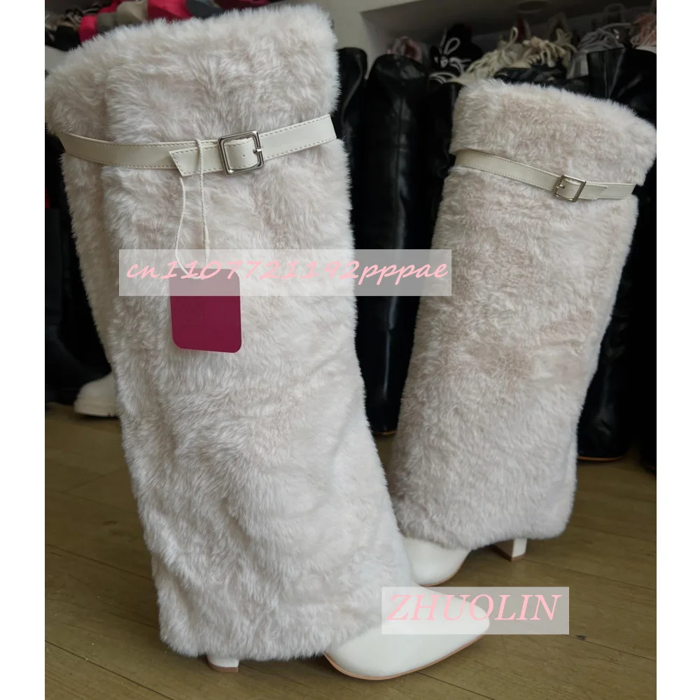 Winter White Furry Trouser Boots Elegant Belt Buckle Chunky Heel Knee-High Boots Women Party Wedding Straight Boots Big Size 46