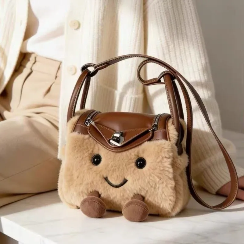 Ins Sweet Lovely Plush Handbag Women Brown Cartoon Large Capacity Shoulder Bag Ladies Patchwork Crossbody Bag Winter New Arrival