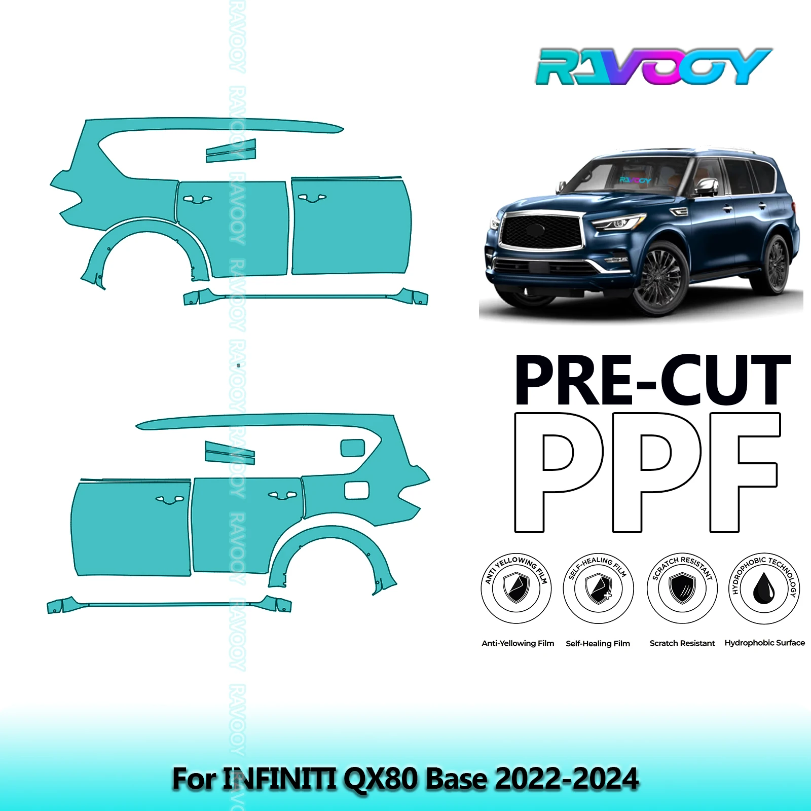

For INFINITI QX80 Base 2022-2024 8.5mil Clear Matte Pre-Cut PPF Door & A/B Pillar Kit TPU Paint Protection Film Set