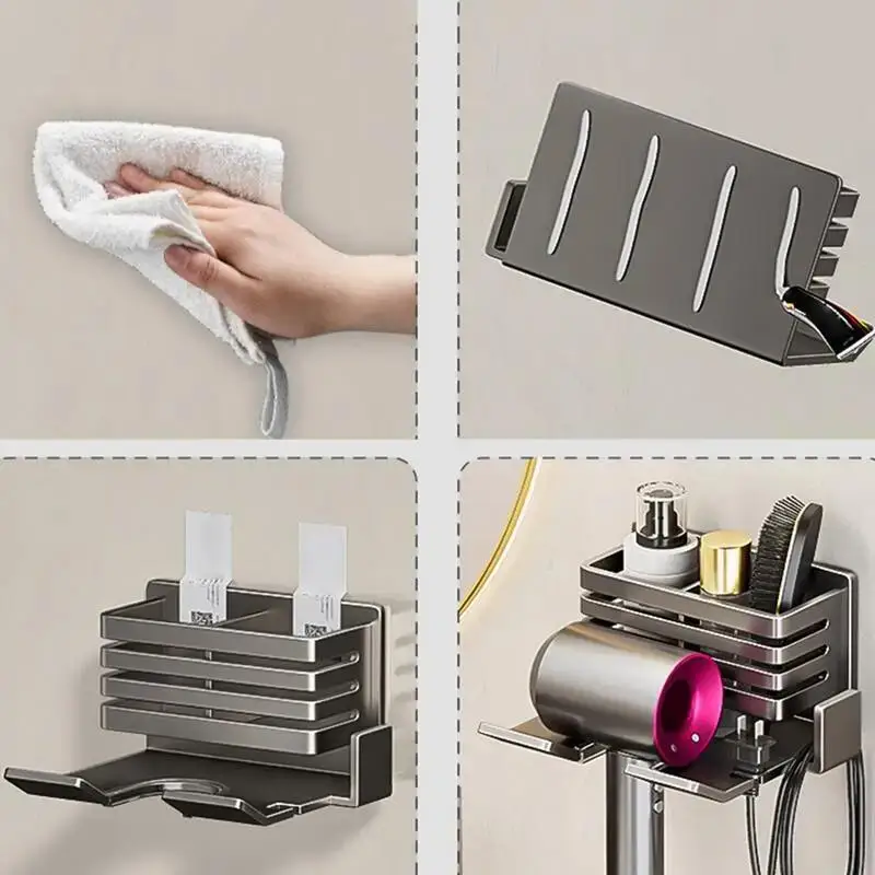 Wall Mounted Bathroom Shelf No Drill Multifunctional Storage Shelves Organizer with Hair Dryer Holder Toilet Cradle view 3