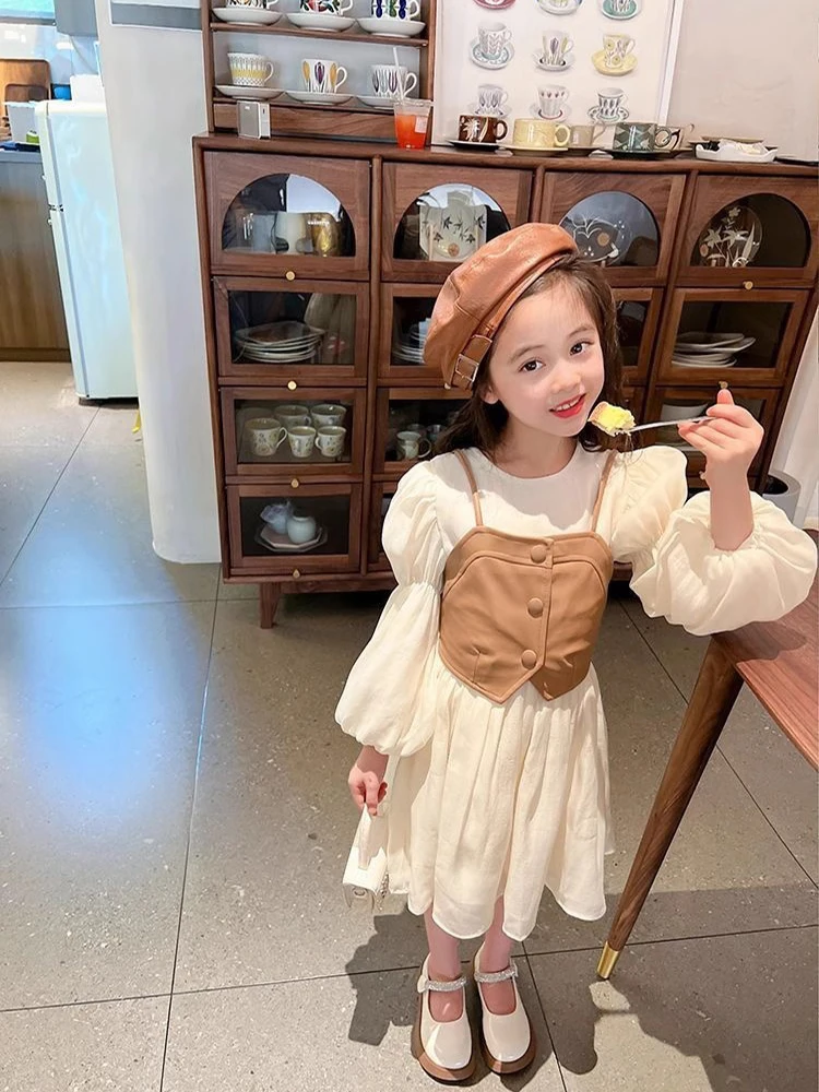 Chiffon Dress + PU Leather Vest 2Pcs Kids Girls Long Sleeve Princess Dress Spring Autumn Fashion New Casual Clothes 2-12 Years