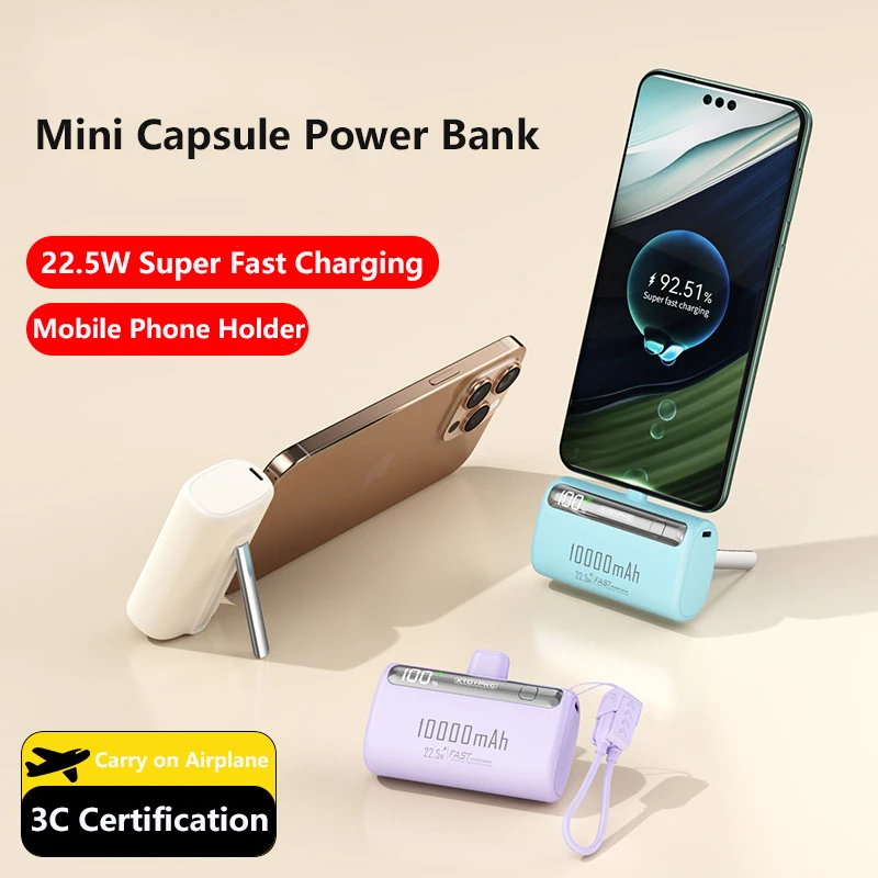 

20000mAh Mini Capsule Power Bank Built in Cable 22.5W Fast Charging External Battery Charger for iPhone 17 Samsung Xiaomi Huawei