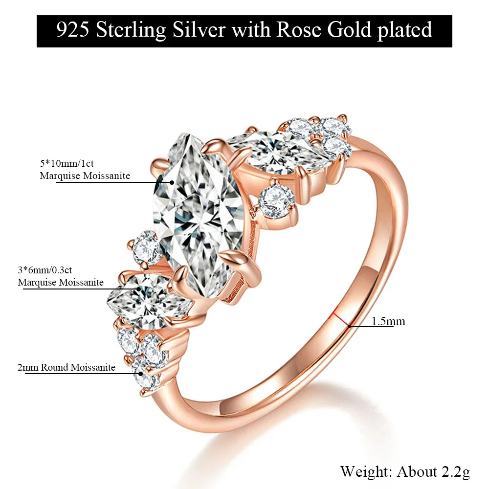 Marquise Cut  Sparkling Moissanite Rings for Women 925 sterling silver Plated 18k Rose Gold Ring engagement ring Wedding Band