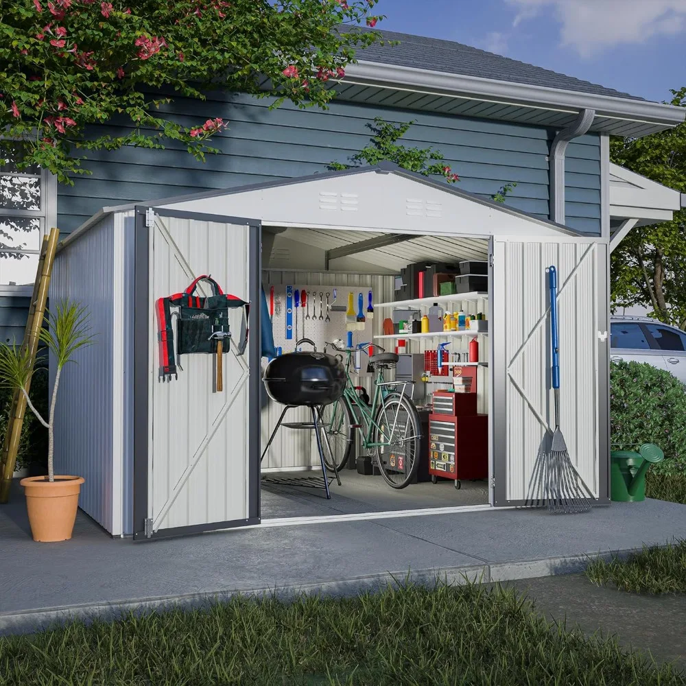 

Storage shed 10 x 8 feet, outdoor storage room with hinged doors, padlock and vents, galvanized steel tool shed for backyard