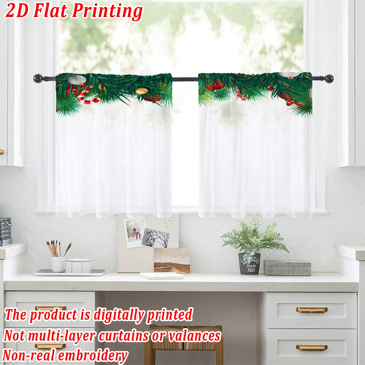 Christmas Flat Printing Kitchen Sheer Curtain with Merry Christmas Ball Pine Branch For Christmas Home Decor  Party
