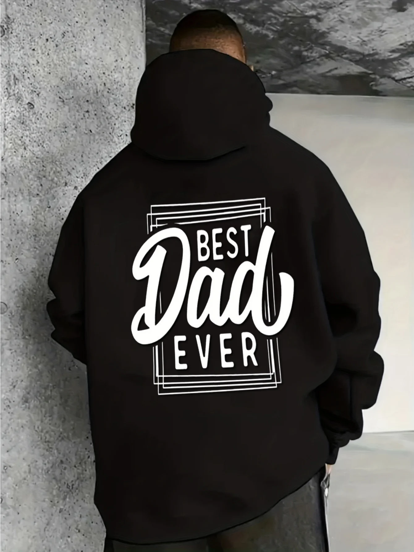 Men Best Dad Ever Back Print Hoodie, Frame Cursive Letter Graphic Drawstring Kangaroo Pocket Pullover Sweatshirt Father’s Day Gift Street Hooded Tops