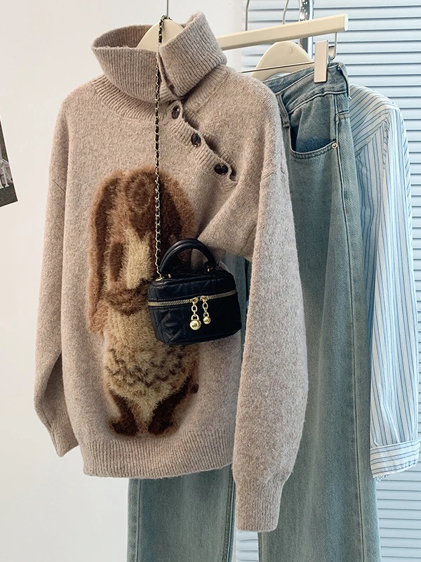 

Lattice Dog Knitted Base Shirt Large Size Lazy Style Retro Design Sweater Casual Loose Fit Long Sleeve High Collar Autumn Wear