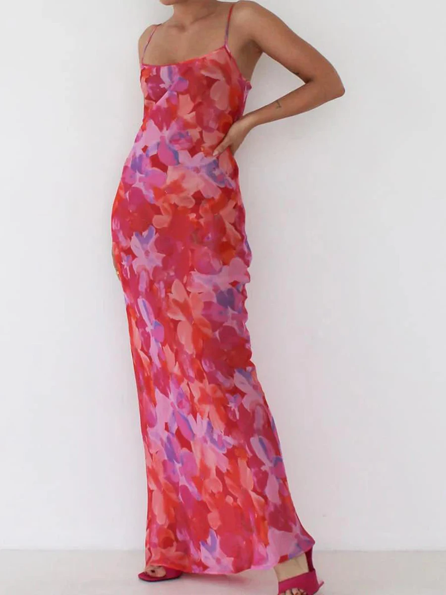 Women s Spaghetti Strap Long Dress Summer Sleeveless Floral Print Backless Bodycon Maxi Dress for Cocktail Party Clubwear