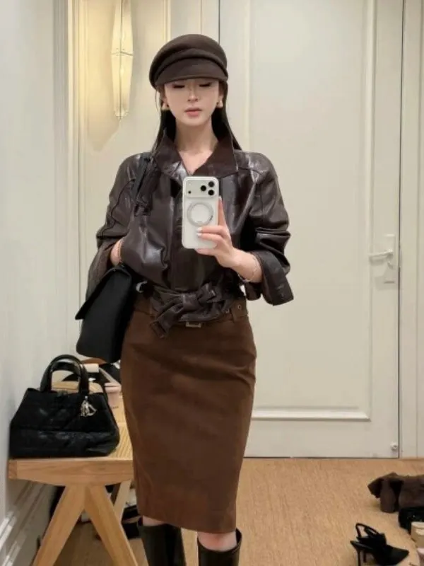 plus Size Women's Vintage Style Long Sleeve Casual Jacket Slimming Leather Coat Autumn New Arrival Versatile Comfortable Oute...