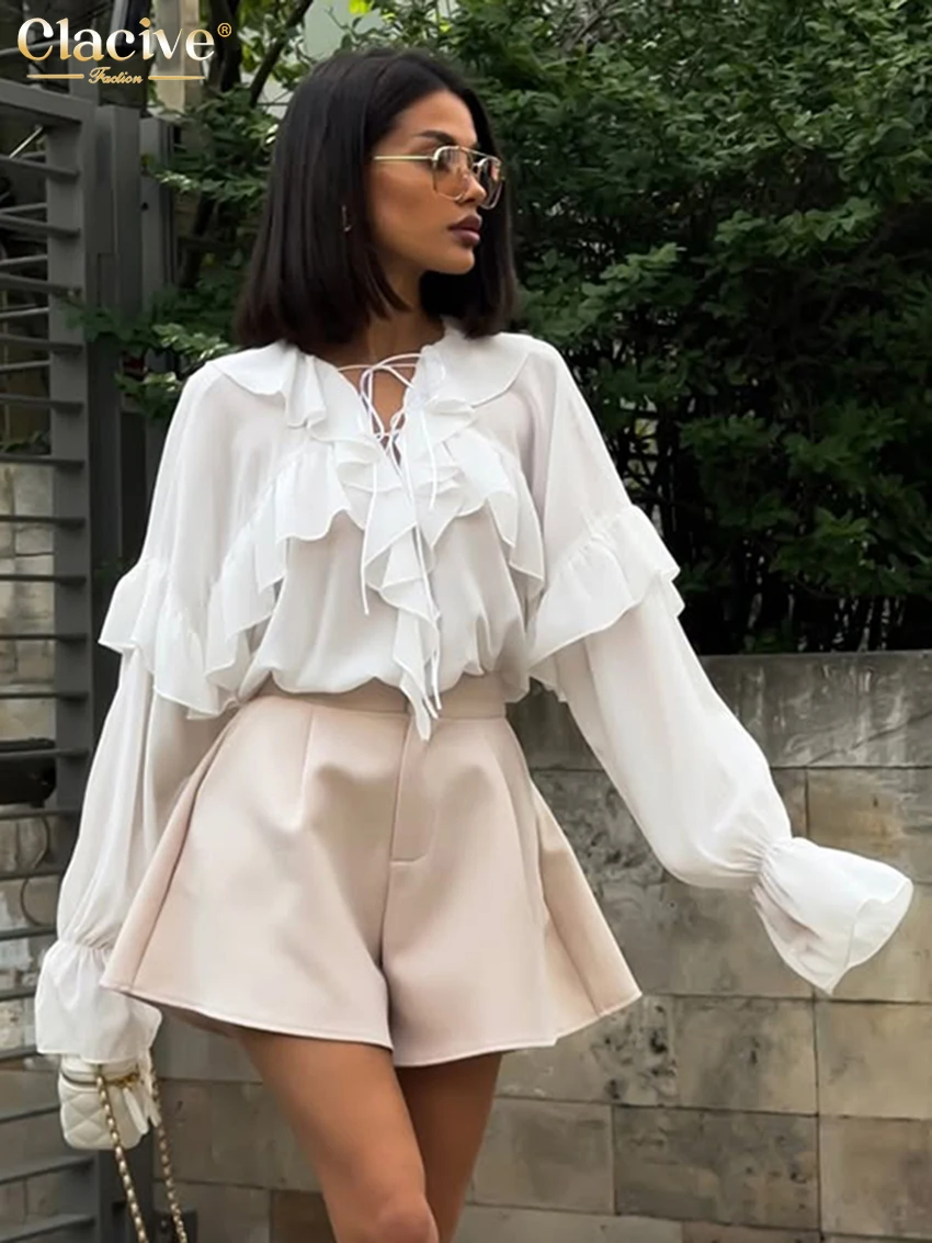 Clacive Fashion Loose White Women's Shirt 2025 Sexy V-Neck Long Sleeve Shirts Lady Elegant Classic Ruffles Tops Female Clothing