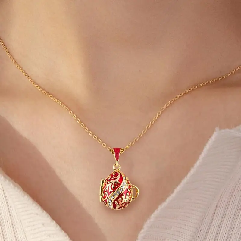 YAFFIL Can Open Brass Enamel Handmade Ladybird Inside Vintage Egg Pendant Women Luxury Charm Crystal Gift Necklace