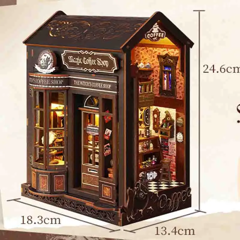 Diy livro nook prateleira inserir kits magia café estante de madeira modelo em miniatura kit artesanal estante para amigo presente aniversário