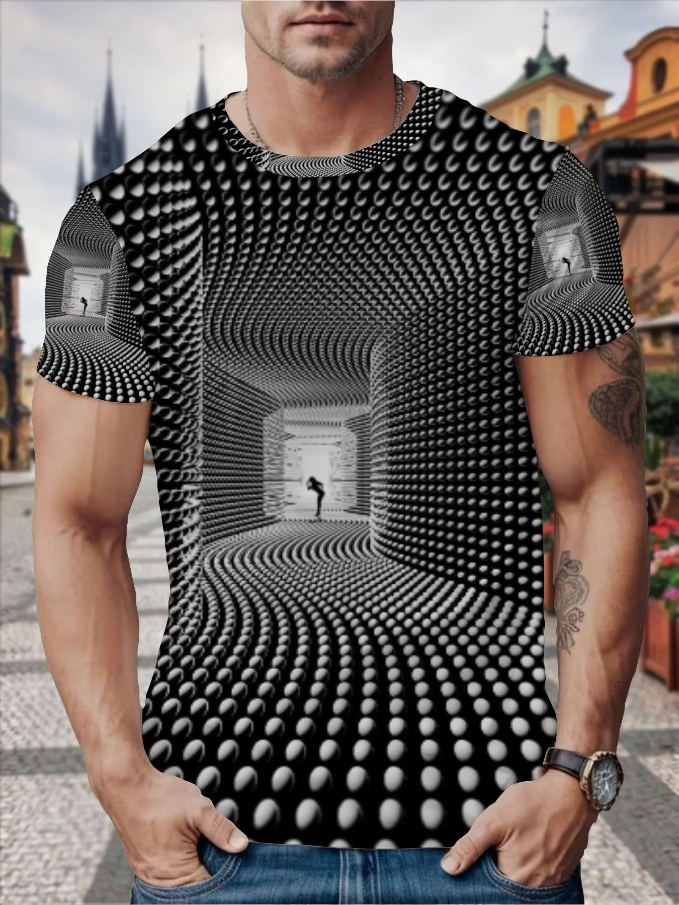 Men 3D Print T-Shirt Black White Dot 3D Tunnel Optical Illusion Graphic O Neck Short Sleeve Casual Summer Streetwear Tee