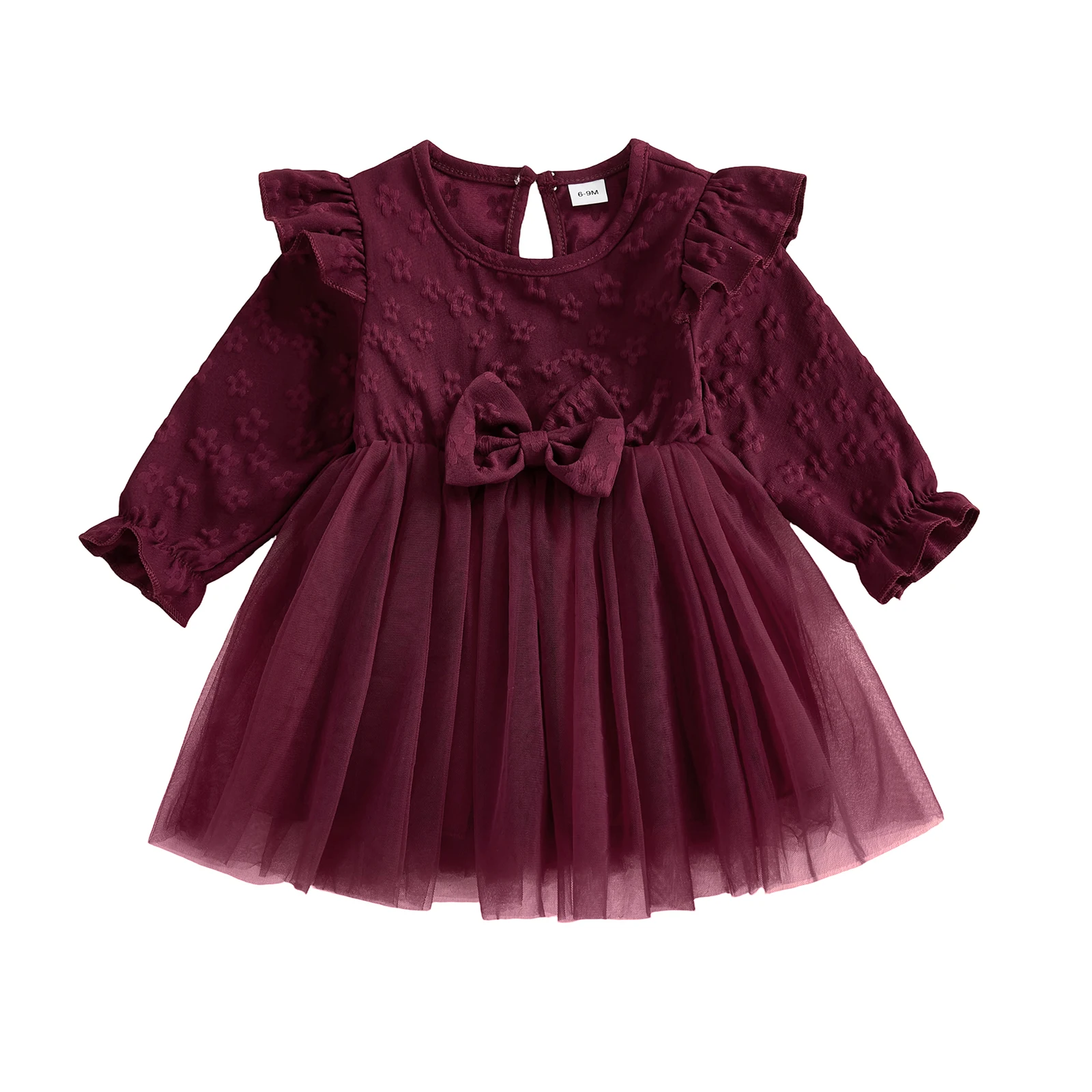 

Stylish Toddler Girls Floral Print Long Sleeve Round Neck Mesh Dress with Bow Detail and Ruffle Trim