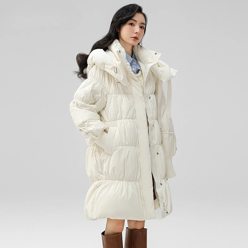 الشتاء الدافئة مقنعين البرتقال منتصف طول أسفل سترة الإناث 2025 جديد شعبية امرأة فضفاضة طويلة الأكمام سميكة الأبيض بطة أسفل معطف